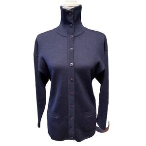 ANN KLEIN II wool cardigan ribbed turtle neck blue SZ MEDIUM pockets Academia‎